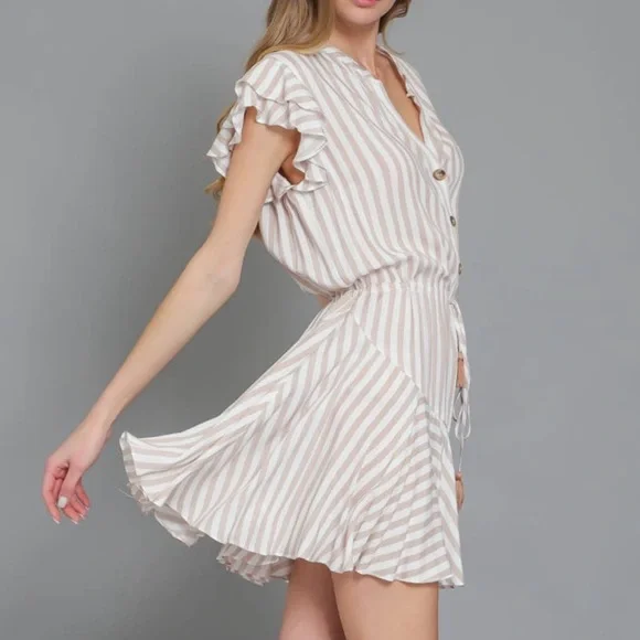 NWOT Tan & White Striped Ruffle Sleeve Shirt Dress - Picture 4 of 10